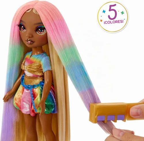 Vista 3 de Tiza para cabello y estilo Meline de Rainbow High – Muñeca de 11" arcoíris y dorada. Tiza para cabello lavable de arcoíris, color, estilo, juego