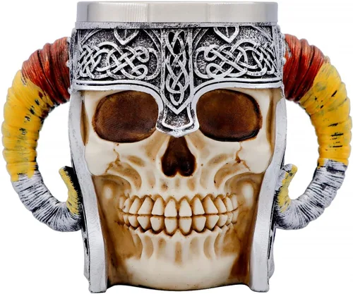 Vista 10 de Jarra de barril de madera Stein Tankard, Taza de acero inoxidable con asa, decoración nórdica vikinga mitológica poética gótica para fiestas