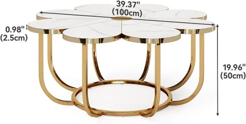 Vista 3 de LITTLE TREE Mesa de café de 39.37 pulgadas, blanca y dorada, moderna, con forma de flor, mesa central con tapa de mármol sintético y estructura