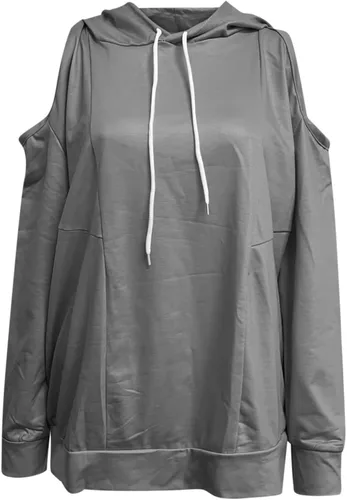 Vista 2 de Cold Shoulder Tops for Women 2023 Hooded Sweatshirt Casual Loose Drawstring Hoodies Pullover Solid Color Fall Clothes