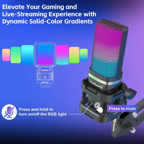 Vista 6 de ZealSound Micrófono USB para Juegos, Micrófono Condensador con Cancelación de Ruido, Micrófono RGB con Silencio, Ganancia, Monitoreo, Brazo