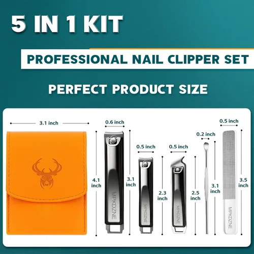 Vista 2 de Pro 5 en 1 Juego de cortaúñas para hombres y mujeres. Kit de manicura de acero inoxidable ultra afilado con recortador en ángulo en estuche de cuero