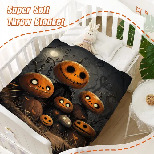Vista 6 de YeeJu Manta de Halloween de calabaza espeluznante vintage para bebé y mascota, acogedora, suave y mullida, manta de forro polar de felpa para sofá