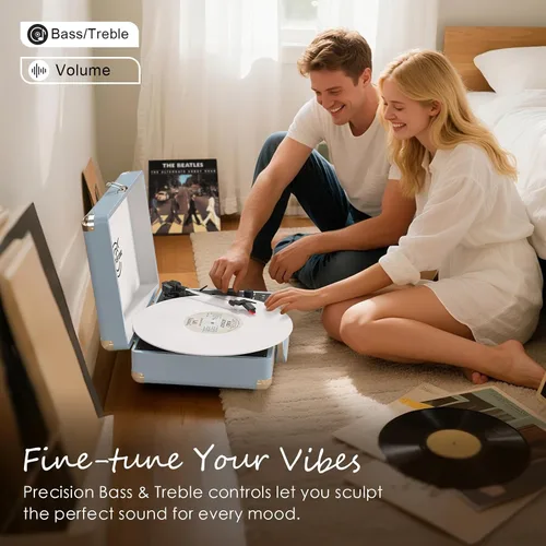 Vista 4 de VINYLS LINK Reproductor de discos de vinilo Bluetooth, tocadiscos de 3 velocidades con altavoces estéreo integrados, tocadiscos portátil de maleta