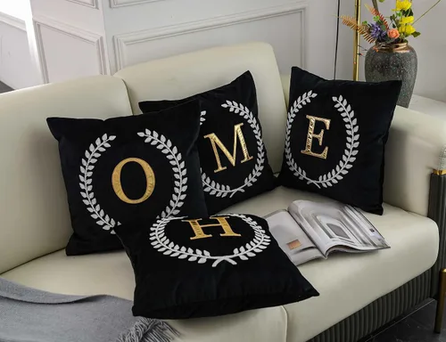 Vista 5 de Funda de almohada de terciopelo negro, bordado de letras cuadradas personalizadas de 18 pulgadas, funda de almohada decorativa solo (E)