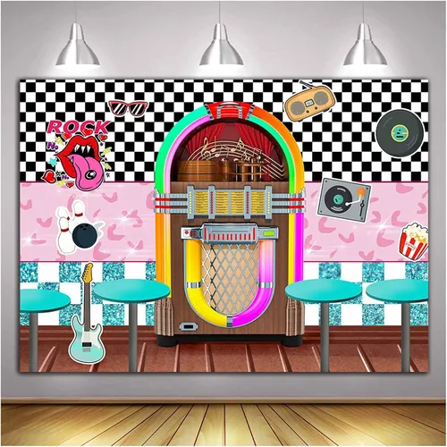 Vista 2 de XLL Fondo de fotografía de Sock Hop de los años 50 Back to 1950s Soda Shop Fondos de fotos Rock Roll Party 50s Retro Diner Time Rock Roll Decoración