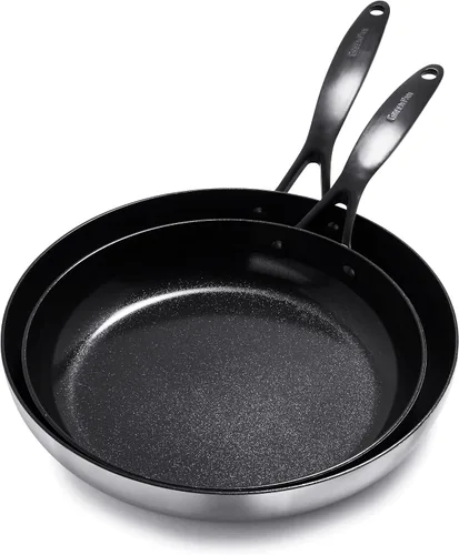 Vista 11 de GreenPan Venice Pro Noir - Juego de sartenes antiadherentes de cerámica saludable de acero inoxidable de 8 y 10 pulgadas, mango negro mate, sin