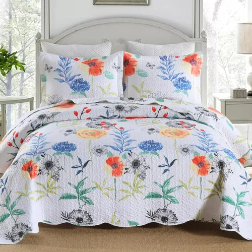 Vista 19 de MarCielo Juego de colcha acolchada de 3 piezas, colcha estampada, juego de ropa de cama, manta, colcha ligera (flor azul, Queen) (B026_Q)