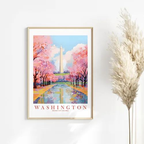 Vista 5 de ColorAndFlair Washington DC Travel Print Souvenir - Póster retro de DC para pared, diseño de monumento a Washington, pintura de paisaje