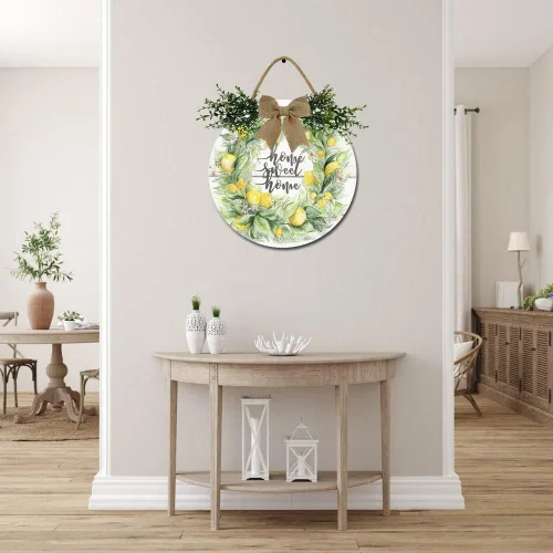 Vista 4 de Letrero de corona de limón para puerta delantera, coronas divertidas, decoración de placa de madera para colgar, decoración redonda de madera