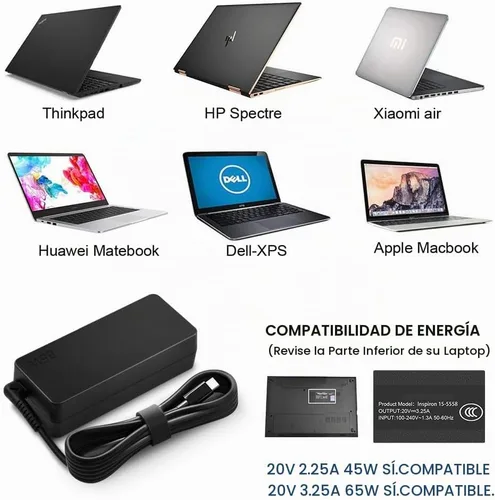 Vista 6 de Cargador compatible con Lenovo Laptop Computadora Thinkpad Yoga Chromebook USB C Cargador portátil 65W 45W