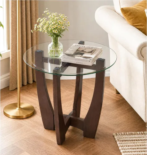 Vista 14 de Mesa de centro ovalada de vidrio de 48 pulgadas con cruz de vidrio templado y base de madera maciza, mesa central simple y moderna para sala