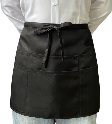 Vista 7 de Delantales de servidor negros con 6 bolsillos, delantal de cintura para camarero unisex, peluquero y limpiador