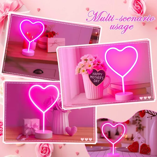Vista 3 de BHCLIGHT Letrero de neón de corazón rosa, luz LED de neón para el día de San Valentín, funciona con pilas o USB, luces de corazón rosa de San