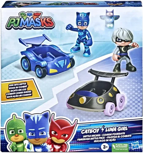 Vista 5 de PJ Masks Catboy vs Luna Girl Battle Racers Juego de juguete preescolar, vehículo y figura de acción para niños a partir de 3 años