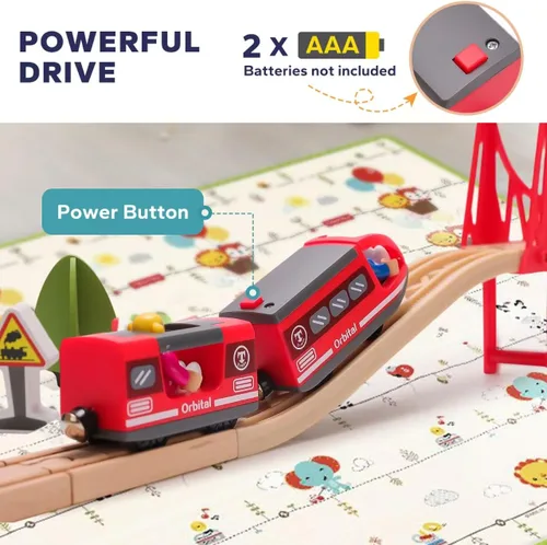 Vista 3 de Juego de tren de madera de 118 piezas, juego de tren urbano con tren eléctrico y juego de pesca, compatible con las principales marcas, regalo ideal