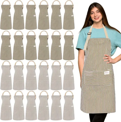 Vista 18 de Janmercy 24 delantales para mujeres y hombres con 2 bolsillos, delantal de cocina de lino, delantal ajustable para chef, delantales a granel unisex