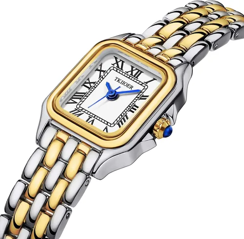 Vista 2 de Relojes pequeños de oro para mujer, relojes vintage con esfera romana para mujer, reloj analógico de caja rectangular para mujer
