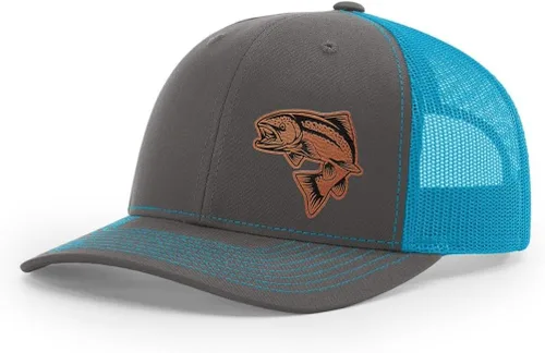Vista 48 de Sombrero de pesca de salmón con parche de cuero grabado láser Richardson 112 Snapback Trucker Cap