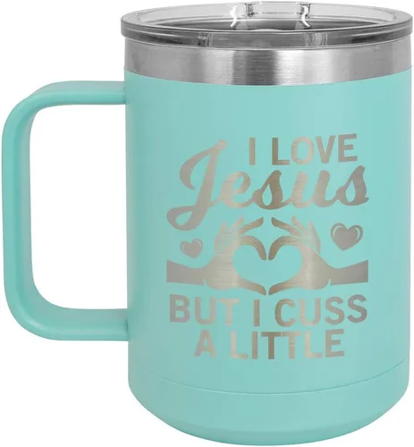 Vista 8 de Taza de café con tapa abatible, diseño con texto "I love Jesus but I CUSS A LITTLE 15 oz con tapa superior taza de café de viaje aislado Ideas