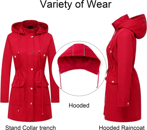Vista 3 de CREATMO US Gabardina larga resistente al agua para mujer, chaqueta militar cortavientos con capucha reflectante extraíble