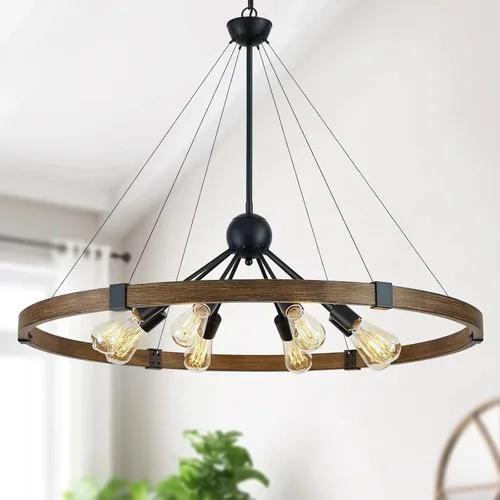 Vista 12 de XINGQI Lámpara de araña grande de 38 pulgadas con ruedas de carro, moderna lámpara colgante de níquel cepillado, 8 luces rústicas para comedor, sala