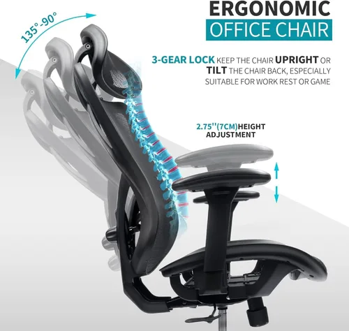 Vista 5 de Ergonomic Office Chair with Lumbar Support, High Back Mesh Computer Desk Chair, Adjustable Gaming Chair for Adults with Headrest, 135° Recline