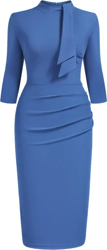 Vista 3 de Miusol - Vestido entallado de cóctel, plisado, estilo retro, cuello medio.