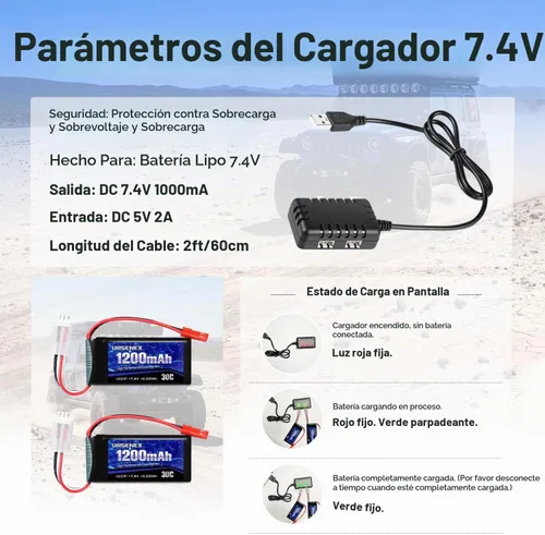 Vista 5 de Batería Lipo de 7.4 V con enchufe JST 2S 30C (60 C) batería de litio recargable de 1200 mAh compatible con UDIRC Cheewing y la mayoría de coches RC