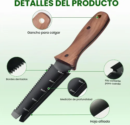 Vista 7 de PERWIN Hori Hori - Cuchillo de jardín, herramientas de jardín con funda, hoja de acero inoxidable de 6 pulgadas con borde de corte, mango ergonómico