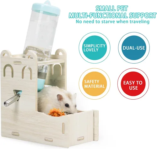 Vista 4 de Soporte de madera para botella de agua de hámster, dispensador de agua para animales pequeños, 4.2 fl oz para beber con botella, base de contenedor
