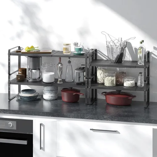 Vista 3 de Organizador de estantes ampliables de metal ajustable para especias, estantes de almacenamiento independientes para armario de cocina, debajo