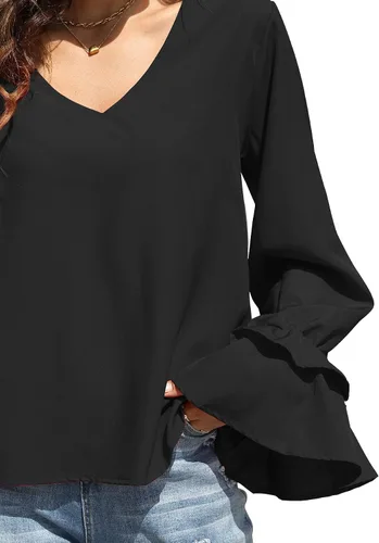 Vista 7 de LYANER - Blusa de manga larga con cuello en V y volantes escalonados para mujer, estilo túnica, estilo casual negro#