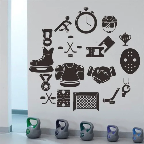 Vista 8 de Calcomanía de pared de hockey sobre hielo, adhesivo de PVC extraíble con jugador de hockey y cronómetro, arte de pared de vinilo para amantes