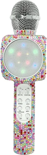 Vista 3 de Wireless Express - Micrófono de karaoke Bling Bluetooth para cantar y altavoz estéreo Bluetooth todo en uno (Confetti Bling)
