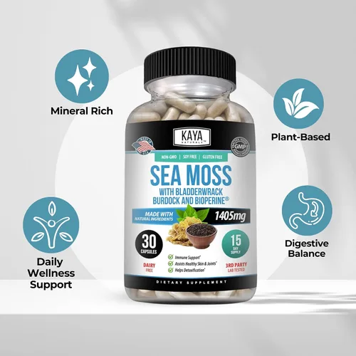 Vista 4 de Kaya Naturals Sea Moss - Suplemento de movilidad para hombres y mujeres, con raíz de bardana, musgo irlandés, vejiga y bioperina, para la salud