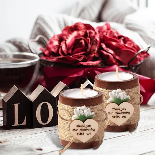 Vista 3 de Treela 12 Piezas Portavelas de Madera para Velas de Té Portavelas para Despedida de Soltera Portavelas Cilíndricos de Madera Rústica con Velas de Té