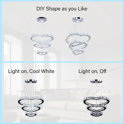 Vista 3 de Lámpara de araña moderna de cristal de corazón de 3 anillos con iluminación LED colgante de acero inoxidable para sala de estar, comedor y blanco
