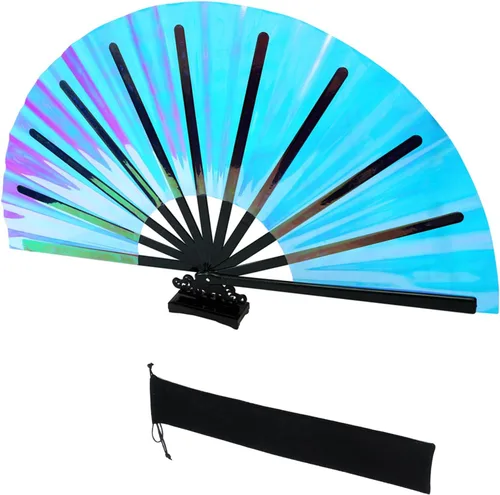 Vista 7 de HeyToo Ventilador de mano plegable grande y brillante para fiesta, club nocturno, festival, Halloween, accesorios de traje de 13 pulgadas, azul