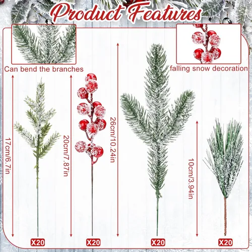 Vista 2 de Lyrow 80 piezas de ramas de pino nevado artificiales para Navidad, tallos de bayas artificiales, sprays, ramas de pino de cedro falso, agujas