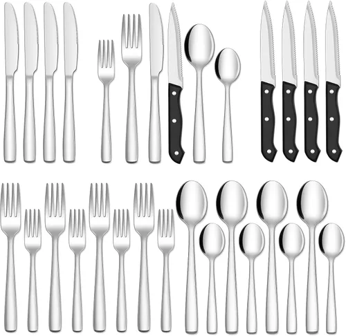 Vista 9 de Hiware Juego de cubiertos negros de 48 piezas para cubiertos de acero inoxidable 18/10 con tenedores, cuchillos, cucharas, cuchillos para carne