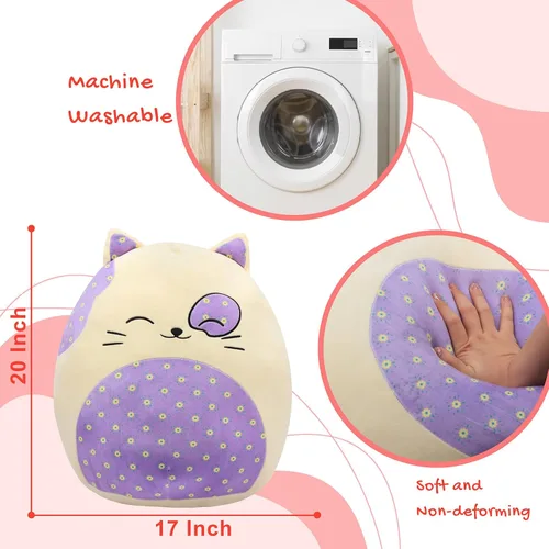 Vista 2 de Almohada de felpa grande de gato de 20 pulgadas con vientre floral, lindo juguete de peluche suave, almohada de gatito gigante, animal de peluche