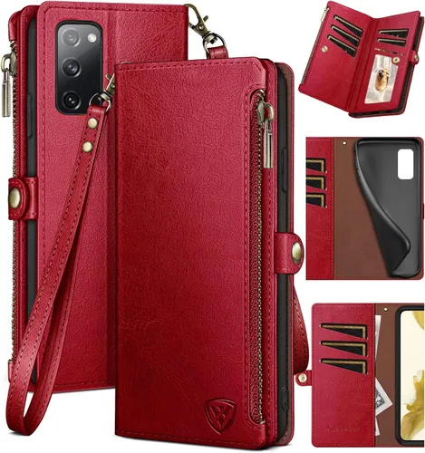 Vista 11 de XcaseBar Funda tipo cartera para Samsung Galaxy S20 FE con cremallera y tarjetero de crédito [bloqueo RFID], funda de piel sintética con tapa