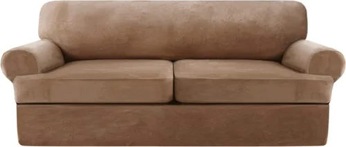 Vista 15 de NA Funda de terciopelo para sofá con cojín en T, 4 piezas, fundas de sofá suaves para sofá, fundas protectoras de muebles con 3 asientos Marfil