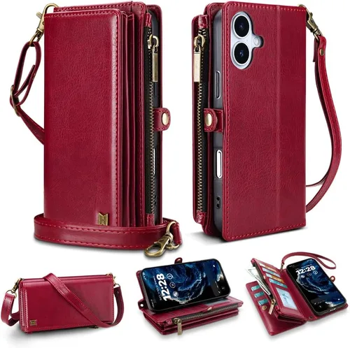 Vista 77 de Funda tipo cartera para iPhone 16 Pro Max con 8 tarjeteros, bloqueo RFID, piel sintética, función atril, abatible, correa de muñeca y correa