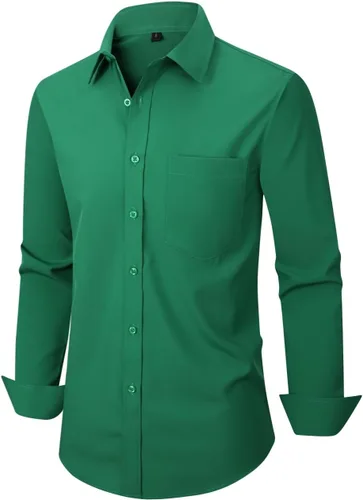 Vista 37 de corfty Camisa de vestir de manga larga para hombre, ajuste regular, elástica, sin arrugas, casual, con botones