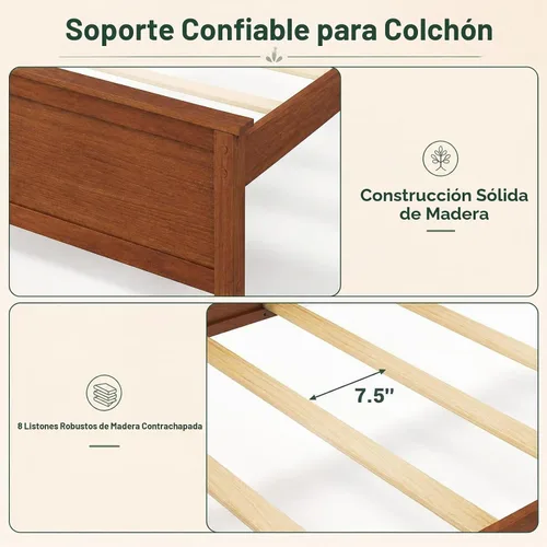 Vista 5 de KOMFOTT Marco de cama de tamaño individual con cabecero, cama de plataforma Nogal