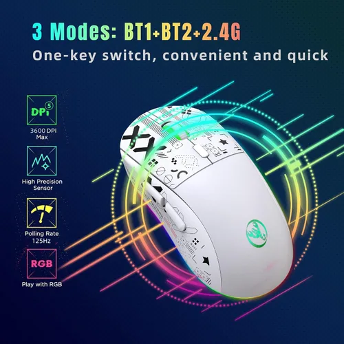 Vista 6 de HXMJ Ratón Bluetooth multidispositivo, mouse inalámbrico recargable para juegos, 3 modos (BT5.0, BT3.0 y USB 2.4GHz), 3600 DPI, retroiluminación RGB