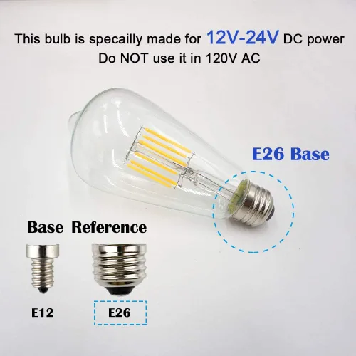 Vista 2 de Bombilla LED de bajo voltaje CC 12V/24V 6W, estilo Edison ST21 (ST64), forma antigua, atenuador PWM DC de 12 V, base común E26, luz blanca cálida