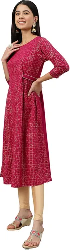 Vista 5 de Janasya Día de la Mujer Vino Poli Crepe Foil Print Flare Kurta